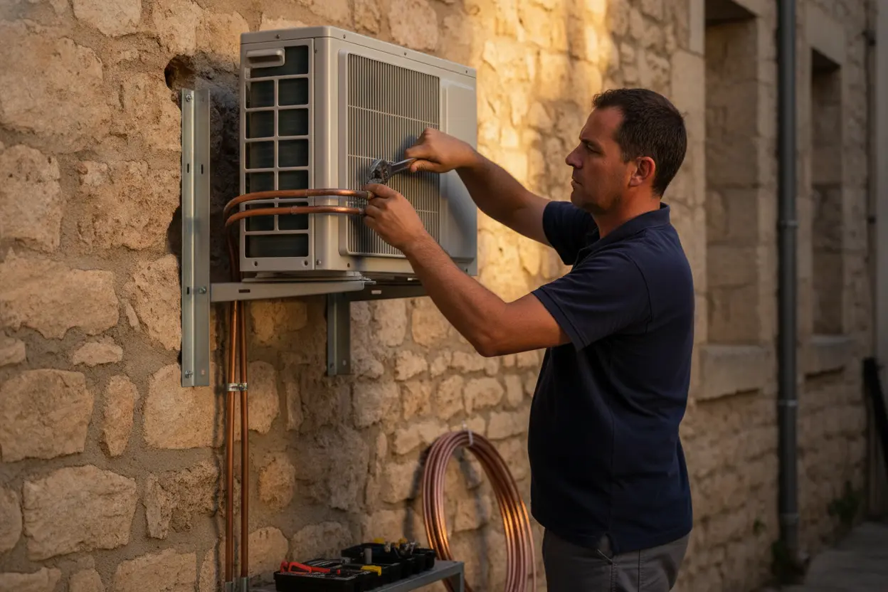 Technicien raccordant une unité extérieure de climatisation
