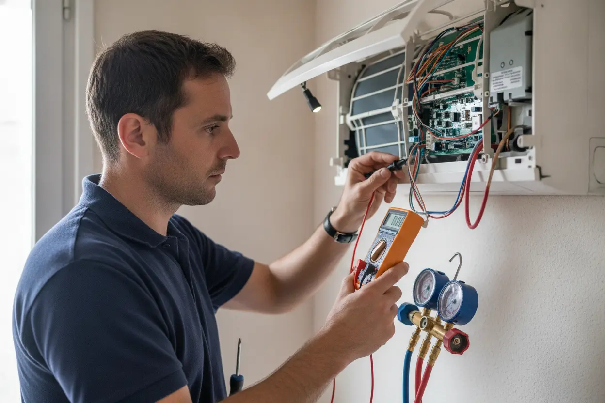 Technicien contrôlant les pressions d'un climatiseur