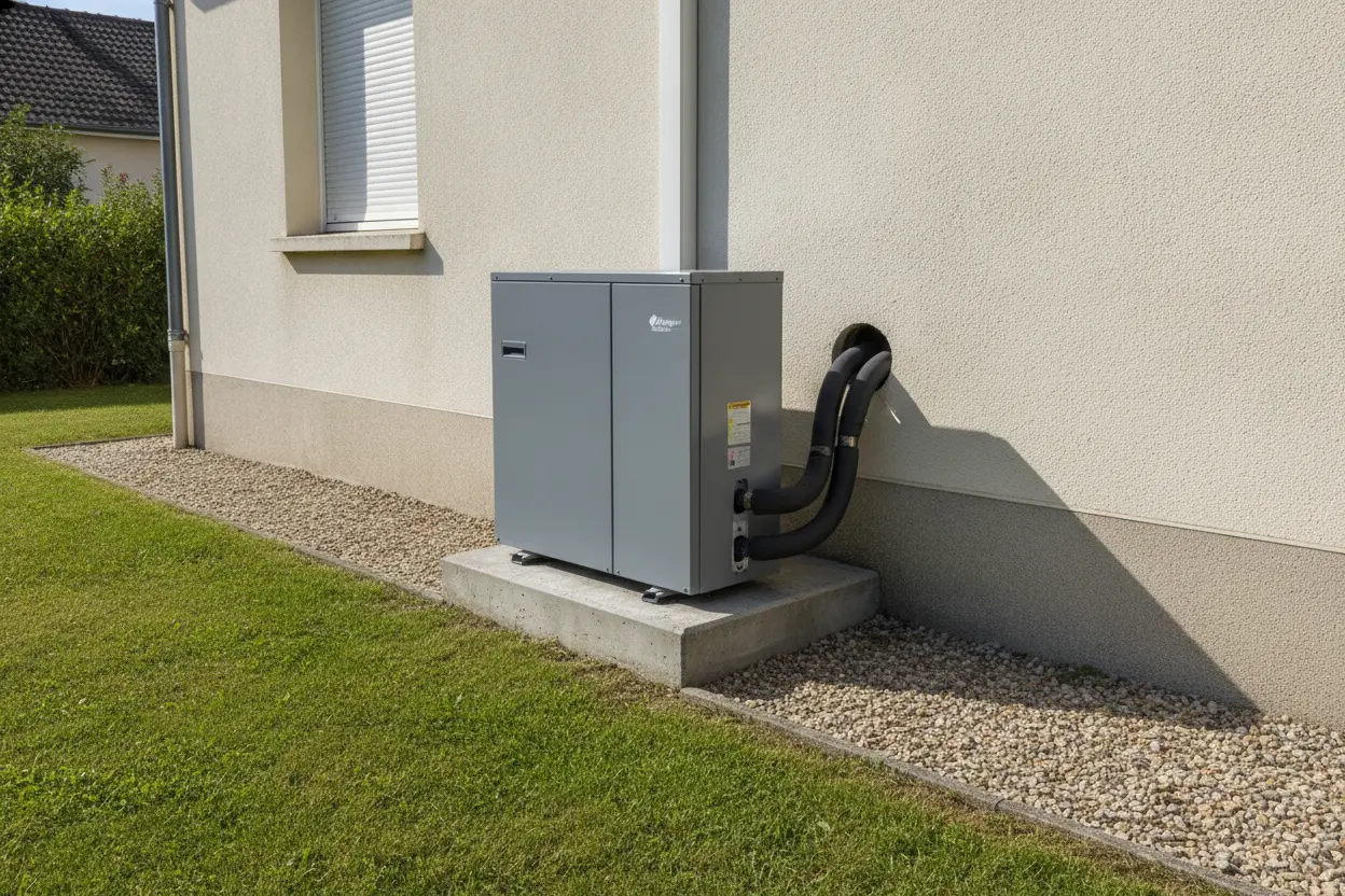 Pompe à chaleur installée contre le mur d'une maison