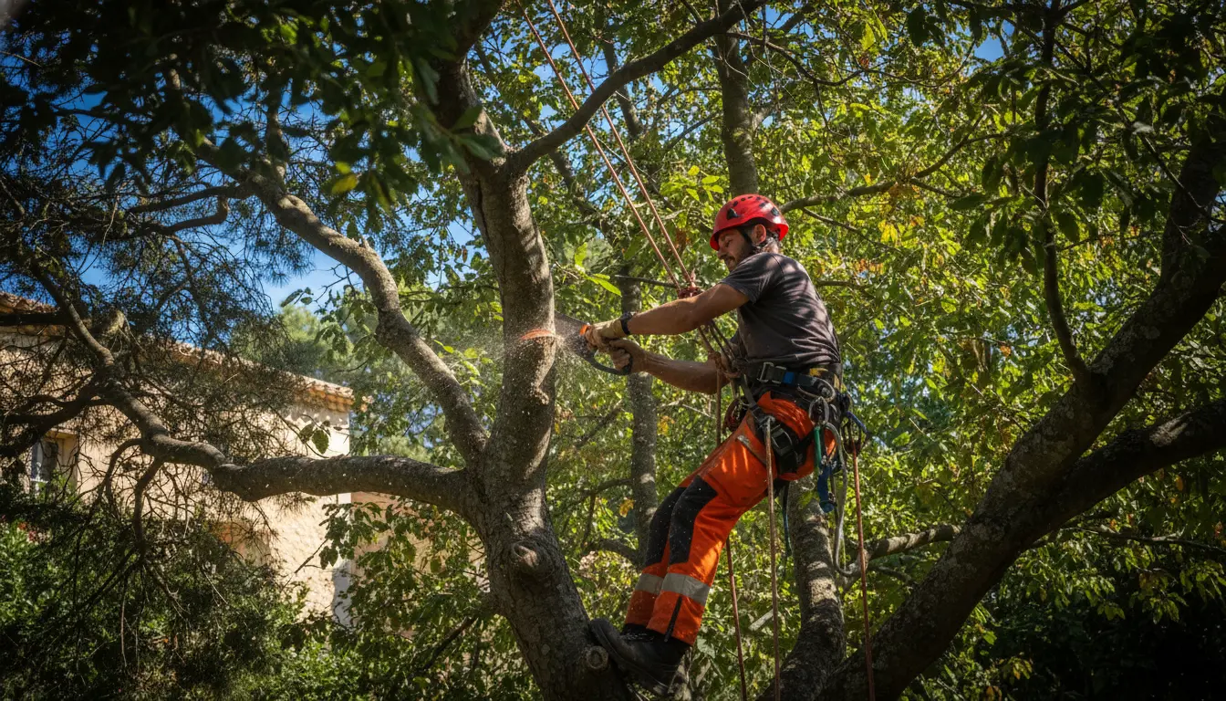 Élagueur encordé au travail dans un arbre